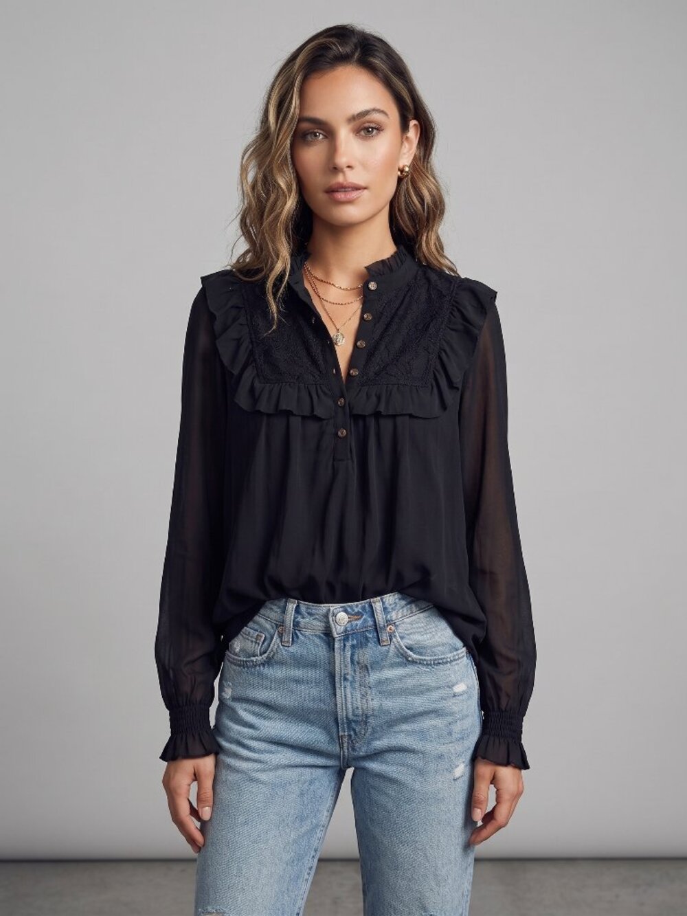 Anthropologie Black Lace Bib Ruffle Button Blouse XS Sheer Sleeve Whimsigoth